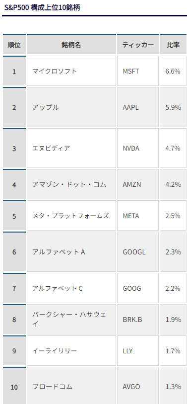 S&P500構成上位銘柄